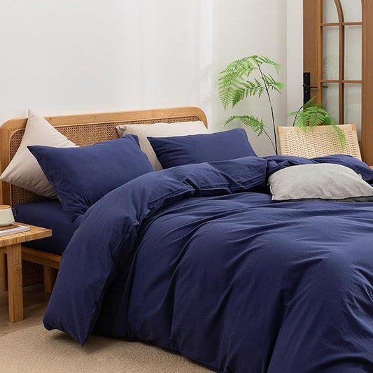 BESTOUCH Duvet Cover Set 100% Washed Cotton Linen Feel Super Soft Comfortable Chic Lightweight 3 PCs Home Bedding Set Solid Navy Blue Super Queen