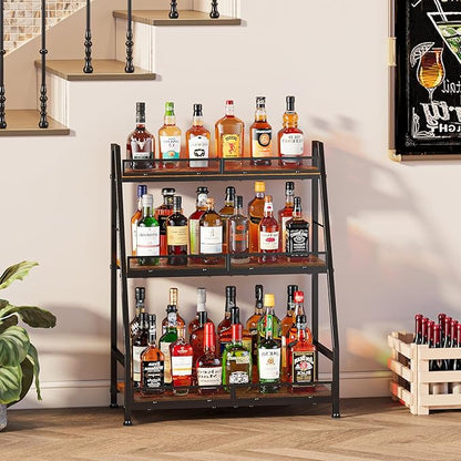 3-Tier Expanded Liquor Stand, Trapezoid Wine Rack Freestanding Floor, Large-Capacity Bar Stand for Liquor Whiskey Wine Storage, Vintage Liquor Cabinet Bar for Home(Patent Pending)