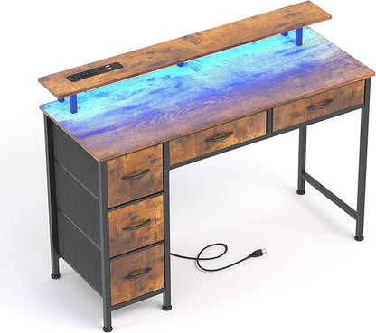 Computer Desk with 5 Drawers, Gaming Desk with LED Lights Power Outlets and Type-C, 39 Inch Office Desk with Storage, Monitor Stand, Writing Desk Work Table for Home Office, Small Spaces, Rustic Brown