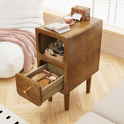 Narrow Nightstand, Solid Wood Night Stand with Drawers, Walnut Mid Century Modern Nightstand, Small Beside Table with Open Storage Shelf for Bedroom (10 inch)