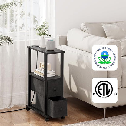 TUTOTAK Small Narrow End Tables, LED Side Tables with 2 Fabric Drawers, Set of 2, Bedside Tables with Charging Station for Small Spaces, Slim Nightstands with USB Ports and Wheels, TB01BK053L
