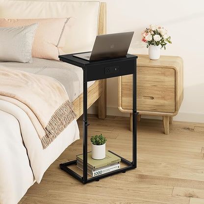 Vagusicc C Shaped End Table with Charging Station, Adjustable Height Side Table for Couch,Small Side Table Small Spaces, 33.2'' Tall Couch Tables that Slide Under, Tv Tray Table for Living Room, Black