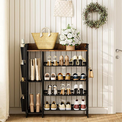 Brown 5-Tier Shoe Organizer - Free Standing Shoe Rack with Storage Bag for High Heels, Entryway, Hallways, Closets, Dormitory Rooms