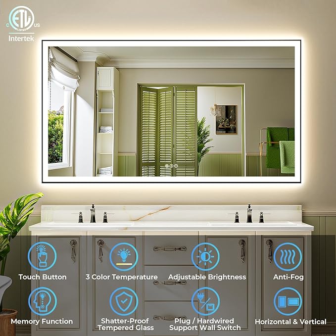 96x36 Inch LED Bathroom Mirror with Lights (Front Lit and Backlit) Black Framed Lighted Vanity Mirror for Bathroom Wall Dimmable Anti-Fog Memory Tempered Glass Horizontal/Vertical