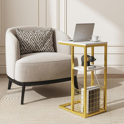 Vagusicc C Shaped End Table with Charging Station, Side Table for Couch, Small Side End Table for Small Spaces, 28" High Slide Under Sofa Table for Coffee, Tv Tray Table for Living Room, Golden