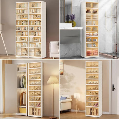Foldable Shoe Organizer Storage Box, Portable Extra Large Folding Shoe Rack for Closet, Shoe Storage Box with Magnetic Transparent Door and Wheels, 9 Layers 18 Grids with 2 Big Grids