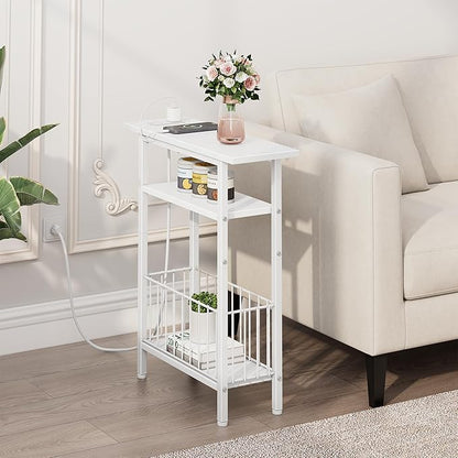 Vagusicc Narrow Side Table with Charging Station, Skinny Side End Table for Couch, 3-Tier Small End Tables for Small Spaces, 25.2" Tall Slim Nightstand Bedside Table for Living Room, Bedroom, White