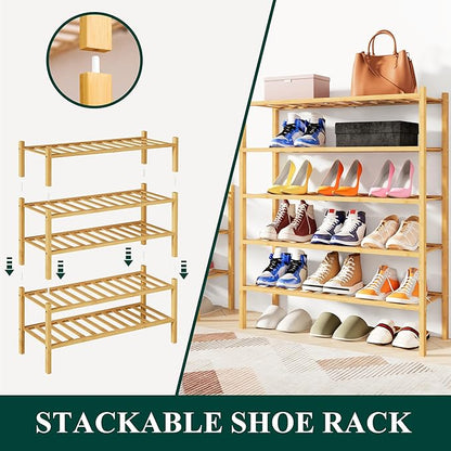 Smiry Shoe Rack, 3 Tier Bamboo Shoe Organizer, Stackable Free Standing Wooden Shoe Storage Shelf for Closet, Entryway, Front Door Entrance, Natural