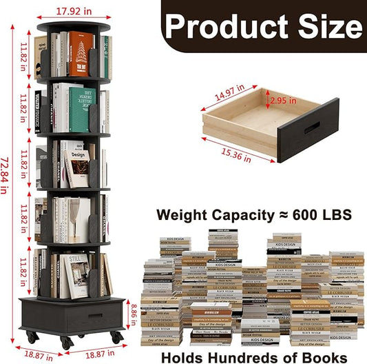 Solid Wood Rotating Bookshelf Tower on Wheels, 5-Tier Spinning Bookcase with Drawer, 72" Floor Standing Revolving Bookshelf, Rotating Bookcase for Small Space, Black