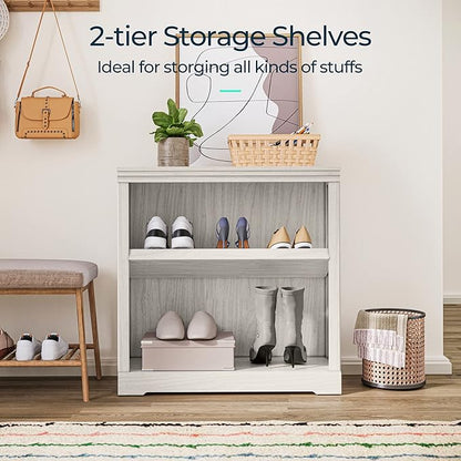 LINSY HOME 2-Tier Bookcase and Bookshelf, Small Wood Display Storage Shelves Farmhouse Bookshelf for Home Office, Living Room, Bed Room - White Oak