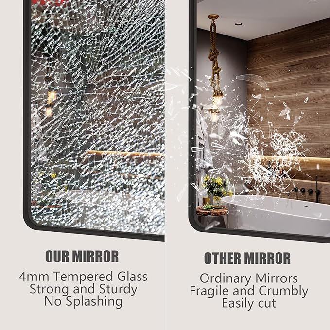 72x36 Black Bathroom Mirror for Wall, Matte Black Framed Bathroom Vanity Mirror, Large Rectangle Mirror, Rounded Corners, Anti-Rust, Shatterproof (Horizontal/Vertical)