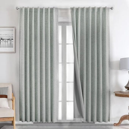 Joydeco Natural Linen Curtains 96 inch Length 2 Panels Set Burg 100% Blackout Patio Door Curtain Room Darkening Sliding Door Curtains Thermal Insulated Back tab Rod Pocket(105x96 inch, Sage Green)