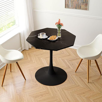 Dining Table for 2-4, 31.5" Kitchen Table with Printed Marble Top, Modern Tables for Dining Room, Living Room, Coffee Bar, Black