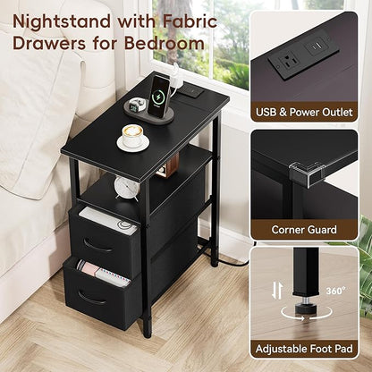Vagusicc End Table with Charging Station Set of 2, Narrow Side Table, 23.8'' Tall Nightstand with 2 Drawers, Small Sofa Side Table Narrow Nightstand for Small Spaces, Living Room, Bedroom, Black