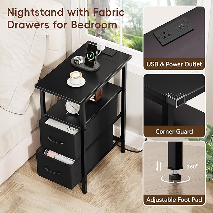 Vagusicc Black End Table with Charging Station, Narrow Side Table, 23.8'' Tall Nightstand with 2 Fabric Drawers, Small Sofa Side Table Narrow Nightstand for Small Spaces, Living Room, Bedroom, Black