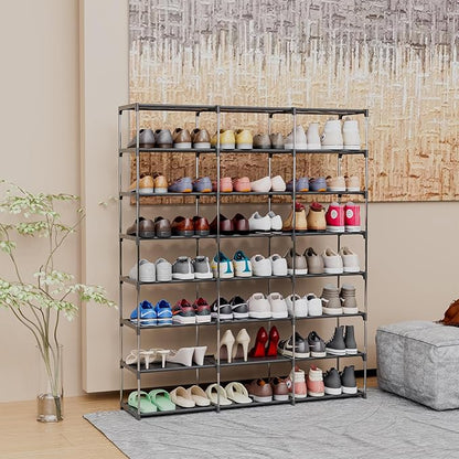 Large Shoe Rack 3 Row 8 Tier 40-60 Pairs Shoes Boots with Plastic Plate Home Sturdy Storage Organizer Shelf for Garage Entryway Hallway Front Doorway