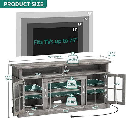 YITAHOME LED Farmhouse TV Stand for 75 Inch w/Outlets, Modern Entertainment Center with Glass Doors and Adjustable Storage Shelves, Media Console TV Cabinet for for Living Room, Grey