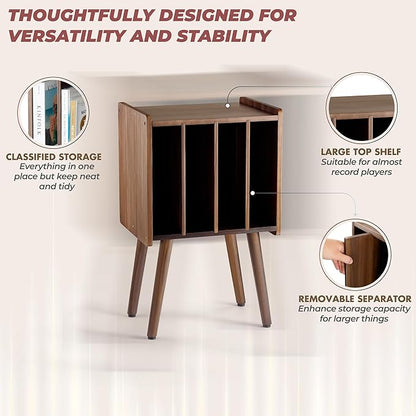 Wooden Record Player Stand, Vinyl Record Storage Holder Table with 4 Cabinets, Holds up to 100 LPs, Metal Organizer Stand, Classical Design for Files/Book (Walnut, 2 Tier)
