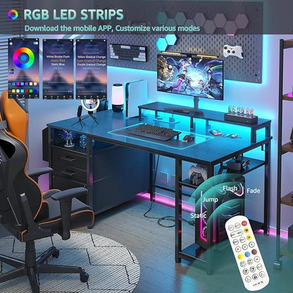 Lufeiya Gaming Desks with Led Lights and Power Outlets, 55 Inch Computer Desk with File Drawers Cabinet, Home Office Desk with Shelves Monitor Stand, Black
