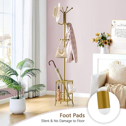 Hoctieon Coat Rack Freestanding, Coat Tree with Umbrella Holder, Metal Coat Rack Stand with 12 Hooks, Standing Coat Hanger Stand, Umbrella Stand for Entryway, Hat Rack Stand for Home Office, Gold