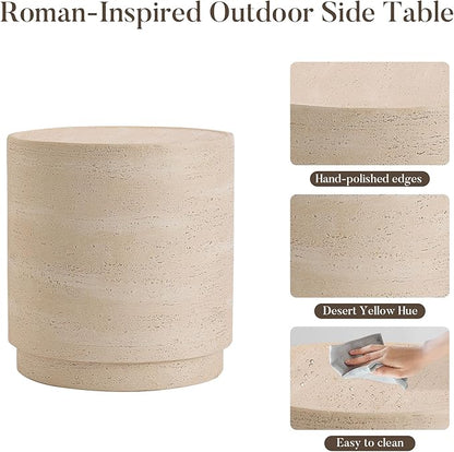 COSIEST 14.4" Outdoor Side Table, Round Concrete End Table for Patio Small Outdoor Coffe Tables, Garden Stool Accent Table for Livingroom, Porch, Deck, Balcony & Beach，Sandy Yellow