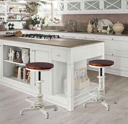 Topower Industrial Retro Vintage Farm Wooden Seat Tractor Stool Kitchen Swivel Height Adjustable bar Stool Antique White