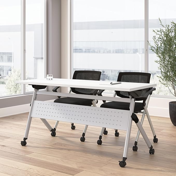 Bush Business Furniture Folding Training Table Set for 2, 60 inch, 2 Mesh Back Folding Chairs with Arms, Commercial-Grade Bundle for Office or Classroom, Envision Collection, White