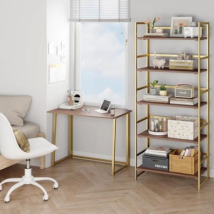 BHG Vintage Multifunctional Folding Bookshelf,5 Tier No-Assembly Plant Stand Storage Rack Shelves for Home Office (Brown&Gold, 5-Tier)