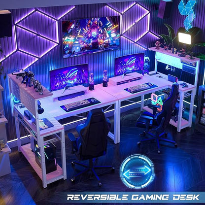 Homieasy Small Gaming Desk with Power Outlets Pegboard LED Light, 43 Inch L Shaped Computer Desk with Monitor Stand Storage Shelves, Reversible Corner Desk with Headset Hooks, Carbon Pink