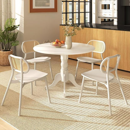COSTWAY Round Dining Table for 4, 39-inch Wooden Kitchen Table with Solid Rubber Wood Frame, Curved Trestle Legs, Adjustable Foot Pads, Mid Century Rustic Dinning Table for Living Room (White)