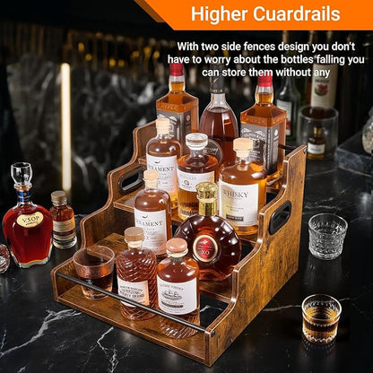 4-Tier Liquor Bottle Display Shelf, Holds up to 16 Bottles, Extra Large Rustic Bar Shelves for The Home Bar, Countertop Whiskey Organizer with Handles
