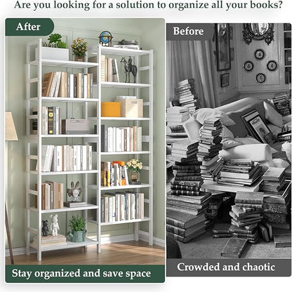 Homykic Double Wide Bamboo Bookshelf White, 6-Tier Large Open Bookcase with 12 Display Shelves, 6ft Tall Freestanding Book Shelf for Home Office, Bedroom, Living Room, Plants