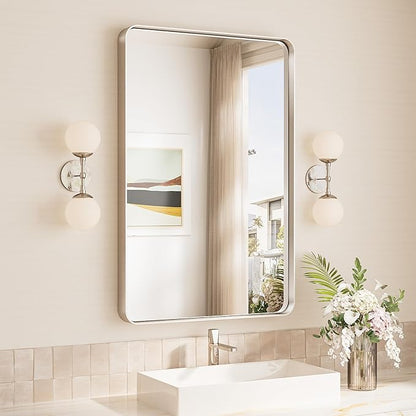 TokeShimi 24x36 Brushed Nickel Bathroom Wall Mirror Vanity Metal Frame Round Corner Rectangular for Home Decor Living Room Entryway (Horizontal/Vertical)