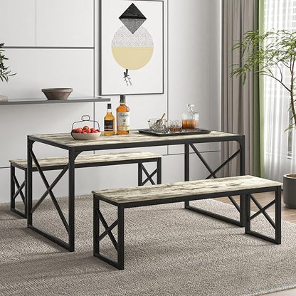 VECELO Kitchen Dining Table Set for 4, 55" Wood Rectangle Dinette with 2 Benches, Heavy-Duty Metal Frame for Small Space, Breakfast Nook, Grey
