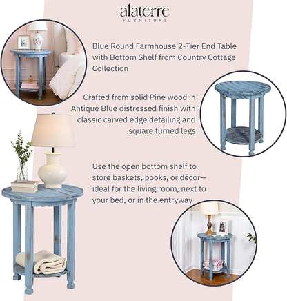 Rustic Cottage Round End Table w/ 1 Shelf - 25 in. W x 20 in. D x 24 in. H - Distressed Blue - Assembly Required - Select Hardwoods with Wood - Living Room Furniture - Solid Wood