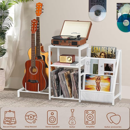 LELELINKY Record Player Stand, Black Adjustable Guitar Stand for Acoustic Guitar, Electric Guitar, Bass, Turntable Stand with Vinyl Display Shelf Storage Up to 150 Albums, End Table for Music Room