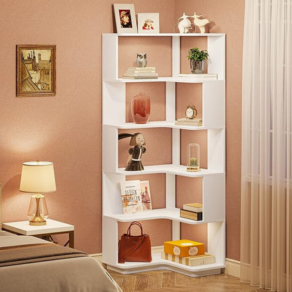 LITTLE TREE Corner Bookshelf, 64.9 Inch Tall Bookcase with Anti-Drop Panel, Modern Freestanding Corner Shelf Display Rack Storage Organizer for Home Office, Living Room, White