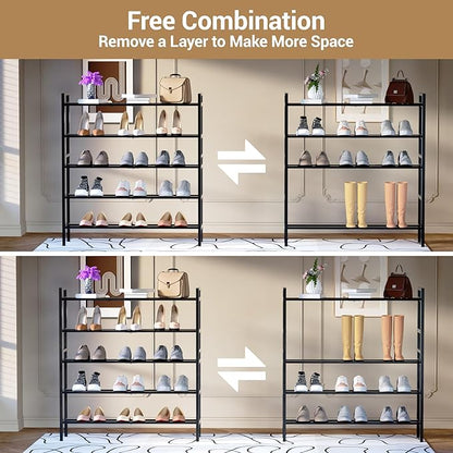 Haddockway Bamboo Shoe Rack for Closet, Free Standing Shoe Organizer with Smooth Round Rods & Convenient Handles, Stackable Shoe Storage Shelf for Entryway, Hallway(Black, 5-Tier)