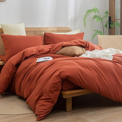 BESTOUCH Duvet Cover Set 100% Washed Cotton Linen Feel Super Soft Comfortable Chic Lightweight 3 PCs Home Bedding Set Solid Burnt Brick Red Oversized Full