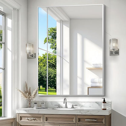 BONEWEI Silver Bathroom Mirror,36x48 inch Wall Mirror for Bathroom Wall Mounted,Large Rectangle Mirror for Bathroom Over Sink,Modern Metal Frame for Living Room,Bedroom Entryway,Horizontal/Vertical