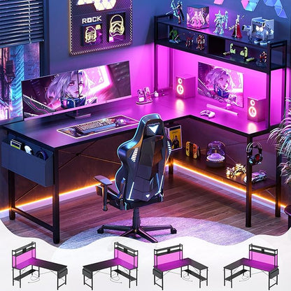 Aheaplus L Shaped Desk Gaming Desk, 59" L Shaped Computer Desk with LED Light & Power Outlet, Reversible Home Office Desk Gamer Desks with Shelves & Storage Bag & Hooks, Corner PC Desk, Black