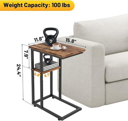 C Shaped End Table with Metal Frame, 2 Tier Sturdy C Table Side Table for Couch Sofa Bedside Small Space, C Snack Table TV Tray Record Player Stand Small Tables for Living Room Bedroom, Rustic Brown