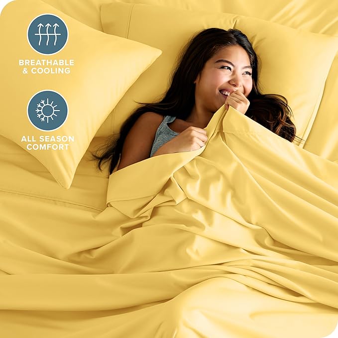 Bare Home Split Head Flex King Sheet Set - 1800 Ultra-Soft Microfiber Bed Sheets - Double Brushed - Deep Pockets - Easy Fit 4 Piece Set - FlexTop King Bedding (Split Head Flex King, Lemon Drop)