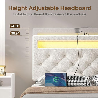 Rolanstar Full Size Bed Frame with 4 Storage Drawers and Charging Station, Full Bed with Led Lights, 2 USB & 1 Type C, Adjustable Headboard 38.9/40.10 Inches, No Box Spring Needed, White