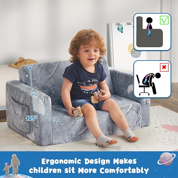 Toddler Chair Comfy,2-in-1 Soft Toddler Couch Fold Out for Kids,Convertible Sofa to Lounger,Gift for Girls and Boys Birthday,Space,Large