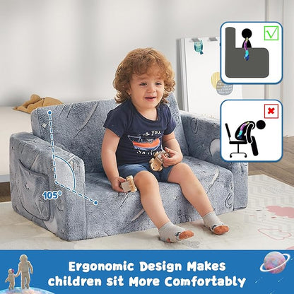 Toddler Chair Comfy,2-in-1 Soft Toddler Couch Fold Out for Kids,Convertible Sofa to Lounger,Gift for Girls and Boys Birthday,Space,Large