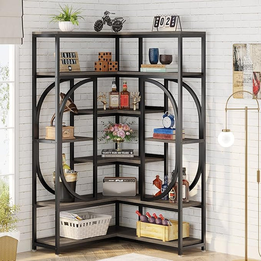 LITTLE TREE Large Corner Bookshelf Industrial Bookcase for Living Room Home Office,Grey