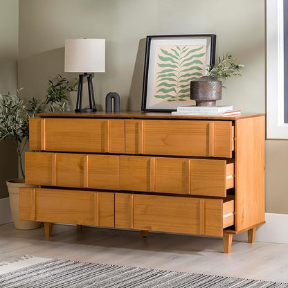 Walker Edison Contemporary Detailed 6-Drawer Solid Wood Dresser, 60 Inch, Caramel
