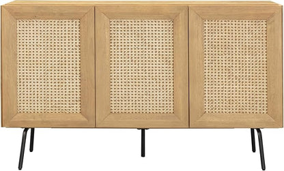 NTC MOSSIC Modern Sideboard with 3 Doors, Natural Rattan Storage Cabinet, Buffet with Metal Legs, Boho Accent Cabinet for Living Room, and Entryway, Effortless Assembly, Sand