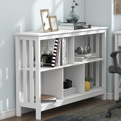 TaoHFE Horizontal Bookshelf - Modern Minimalist 2-Tier Book Shelf with Storage, Short Wide Wood Bookshelf for Classroom, Office, Living Room or Study, White